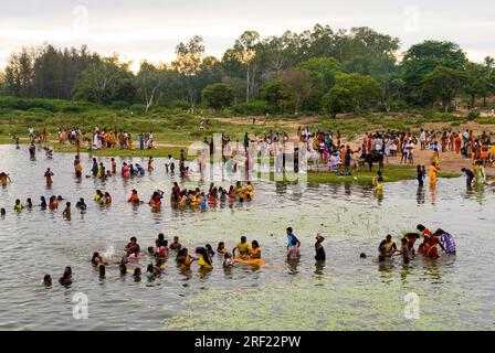 Pilgrims Bathing In River Thamirabarani Near Tiruchendur During Vaikasi ...