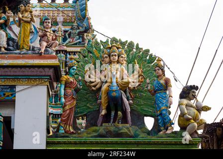 Lord Murugan Muruga Stucco Sculptures on Hindu temple gopura gopuram tower, Swaminatha Swamy God Murugan Temple at Swamimalai near Kumbakonam, Tamil Stock Photo
