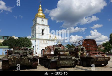 Destroyed Russian army tanks are displayed on a square in central Kyiv, Ukraine Stock Photo