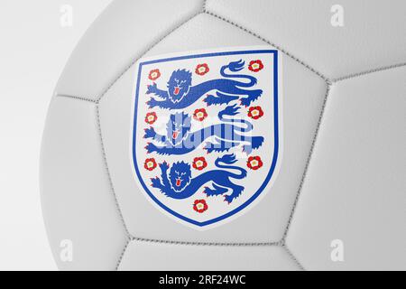 LONDON, UK - July 2023: Close up of England national football team logo on a soccer ball. 3D Rendering Stock Photo