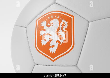 LONDON, UK - July 2023: Close up of Netherlands national football team logo on a soccer ball. 3D Rendering Stock Photo