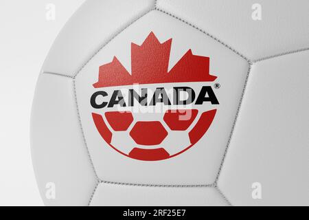 LONDON, UK - July 2023: Close up of Canada national football team logo on a soccer ball. 3D Rendering Stock Photo