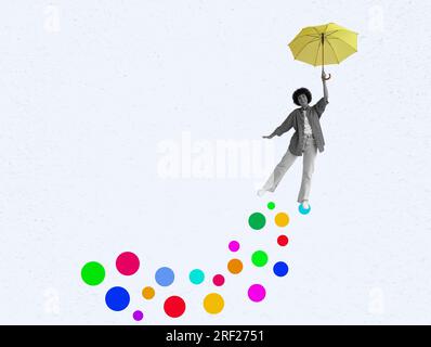 Art collage with young woman with an umbrella. Creativity and new ideas. Stock Photo