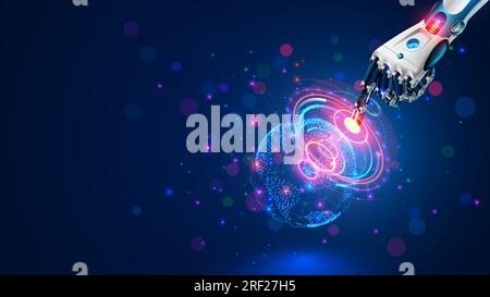 AI. Global communication technology concept. AI controls global network. Robot hand point on Earth in cyber space. Robotic arm interacts with 3d Earth Stock Vector