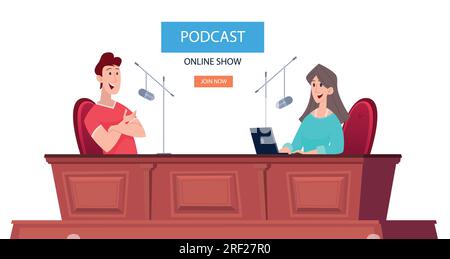 Radio presenters. Podcast show speakers talking together and sitting in record music studio Stock Vector