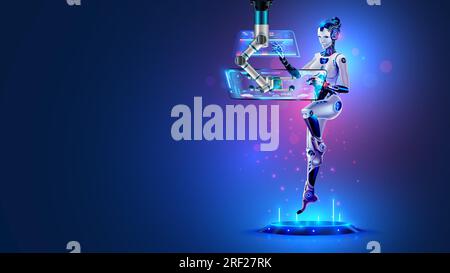 AI in image robot woman working with futuristic interface on transparent computer touch screen. Artificial intelligence analyst data on display of com Stock Vector