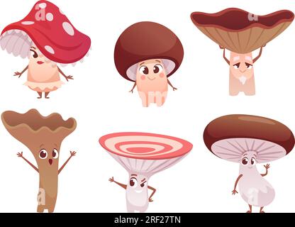 Mushroom characters. Funny vegetables characters exact vector mushroom plants in cartoon style Stock Vector