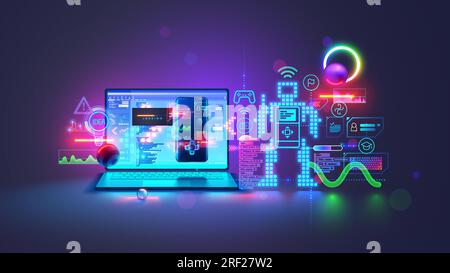 School of computer programming of robots for kids concept. Learning or education children coding on laptop, programming electronic constructor. Tech e Stock Vector