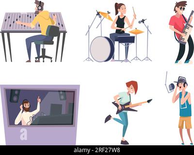 Music studio. Sound production singers at workplace exact vector cartoon characters Stock Vector