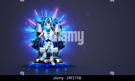 AI or artificial intelligence in image female cyborg queen. Robot woman majestic sitting on throne in neon glow. Sci-fi illustration of artificial int Stock Vector