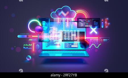 Software development concept. Laptop with open screen hanging over desk. Coding or programming software and computer applications concept, Development Stock Vector