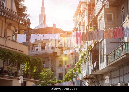 August 07, 2022. Georgia. Batumi.The old quarter of Batumi in the Georgian city with retro houses and linen that dries on the clotheslines. Stock Photo