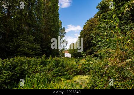 Distant view of Lode Mill in the grounds of Anglesey Abbey along Quy Water, Lode, Cambridgeshire Stock Photo