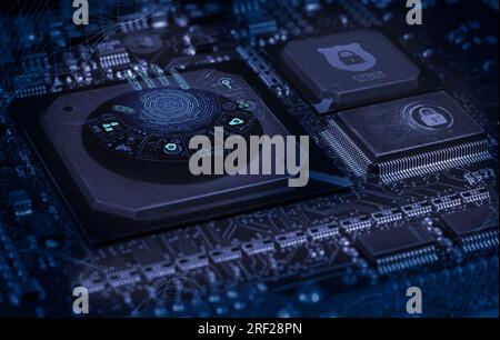 printed circuit board with active and passive surface mounted components close up. Cyber security concept Stock Photo