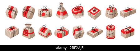 A set of tied gifts boxes, bundles, bags with red accent elements Stock Vector