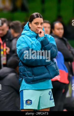 Melbourne, Australia. 31st July, 2023. Sam Kerr of Australia before the FIFA Women's World Cup 2023 match between Canada Women and Australia Women at Melbourne Rectangular Stadium, Melbourne, Australia on 31 July 2023. Photo by Richard Nicholson. Editorial use only, license required for commercial use. No use in betting, games or a single club/league/player publications. Credit: UK Sports Pics Ltd/Alamy Live News Stock Photo