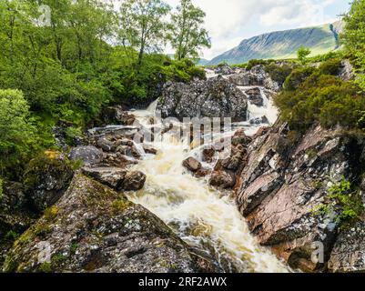Waterfall on River Coupall from a drone, Buachaille Etive Mor, Glen Etive and River Etive, Highlands, Scotland, UK Stock Photo