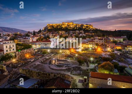 View of Acropolis from a roof top coctail bar at sunset, Greece. Stock Photo