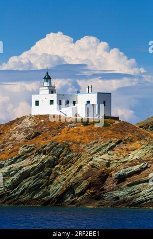 Lighthouse in Korissia, the port of Kea island in Greece. Stock Photo