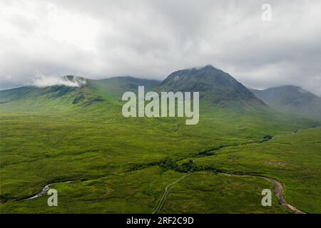 Rannoch Moor and Mountains around Buachaille Etive Mòr from a drone, River Coupall, Glen Etive and River Etive, Highlands, Scotland, UK Stock Photo