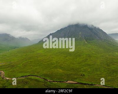 Rannoch Moor and Mountains around Buachaille Etive Mòr from a drone, River Coupall, Glen Etive and River Etive, Highlands, Scotland, UK Stock Photo