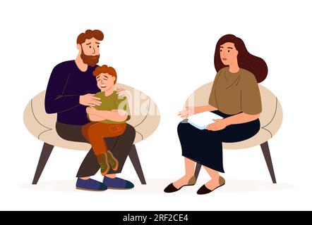 Crying child sitting on knees of his father on the session with a psychologist.Difficult teenager,psychological trauma,children,parents.Mental health, Stock Photo