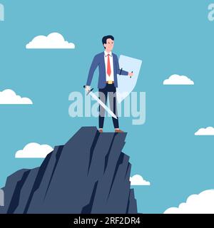 Warrior businessman, security and leadership concept. Powerful man holding protecting shield and sword. Modern business knight recent vector scene Stock Vector