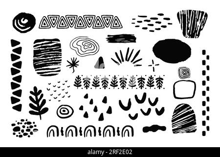 Set african tribal ethnic shapes elements in doodle style isoated on white background. Brush ornaments native sign. Vector illustration Stock Vector