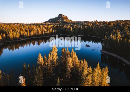 devils peak and lake at sunset near Donner Pass, California Stock Photo