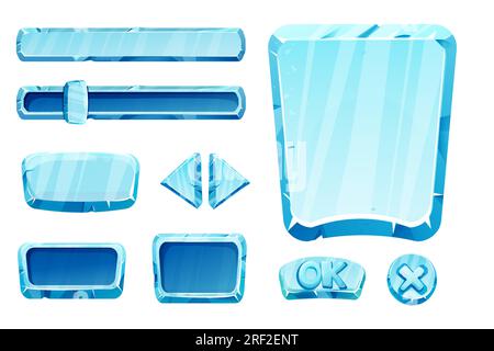 Set game menu assets ice buttons, interface elements 2d in cartoon style isolated. Blocks, shapes frozen gui panels, sliders, arrows. Vector illustration Stock Vector