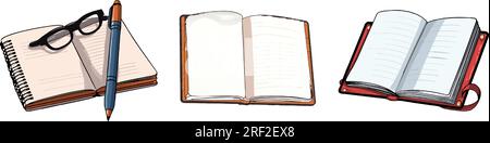 three notebooks with pens. blue white and cream notebooks vector illustration. vector notebooks and pens and glasses illustration on white background Stock Vector