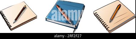three notebooks with pens. blue white and cream notebooks vector illustration. vector notebooks and pens illustration on white background Stock Vector