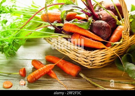 Fresh organic beetroot and carrot with green leaves in a basket on a  wnite wooden table. Stock Photo
