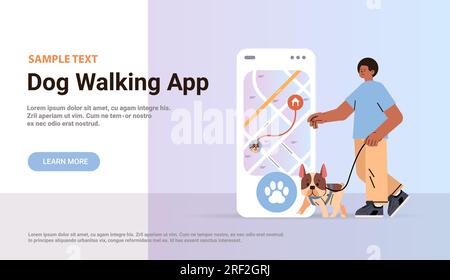 guy owner with cute dog using walking app on smartphone best friends domestic animal friendship concept Stock Vector