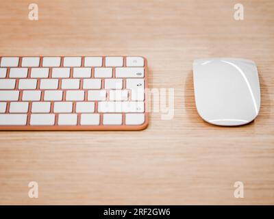 Looking down on Keyboard and Mouse, workspace with copy space on top view Stock Photo
