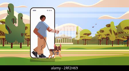 guy owner with cute dog using walking app on smartphone best friends domestic animal friendship concept landscape background Stock Vector