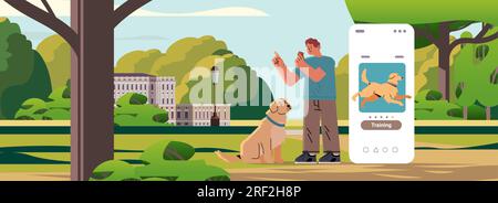 guy owner with cute dog walking in park and using training app on smartphone screen best friends domestic animal friendship concept Stock Vector