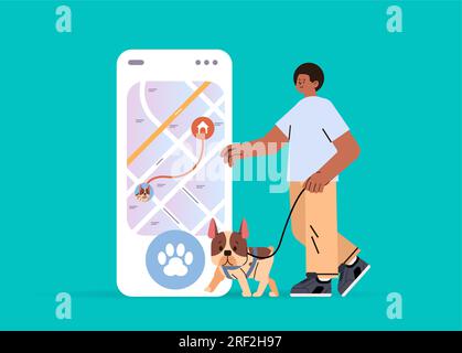 guy owner with cute dog using walking app on smartphone best friends domestic animal friendship concept Stock Vector