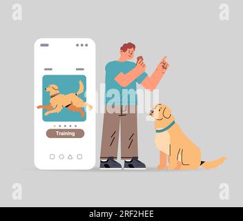 guy owner with cute dog using training app best friends domestic animal friendship concept Stock Vector