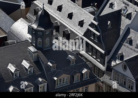 view of slate-roofed roofs in the old town, Germany, Hesse, Frankfurt am Main Stock Photo