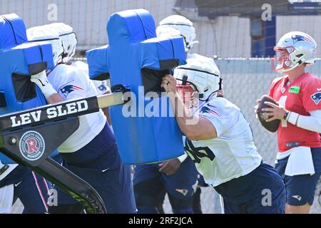 Jul 28, 2023; Foxborough, MA, USA; New England Patriots quarterback Bailey  Zappe (4) makes his way to the practice field for training camp in  Foxborough, Massachusetts. Mandatory Credit Eric Canha/CSM/Sipa USA(Credit  Image: ©