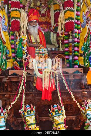 Priest Arumugam Paskaran on the main festival day at the grand procession Theer, Sri Kamadchi Ampal temple festival, Germany, North Rhine-Westphalia, Stock Photo