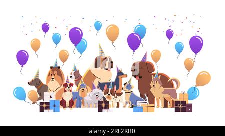 Happy national dog day greeting card various cute doggy posing in hats holiday of domestic animals concept Stock Vector