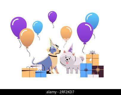 Happy national dog day greeting card cute doggy posing in hats holiday of domestic animals concept horizontal Stock Vector