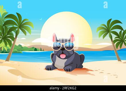 Happy national dog day greeting card cute doggy in sunglasses lying on tropical beach holiday of domestic animals concept Stock Vector