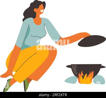 Woman cooking soup on bonfire, camping weekends Stock Vector