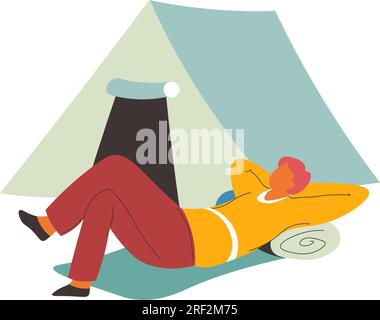 Man laying on mat by tent, camping weekends vector Stock Vector