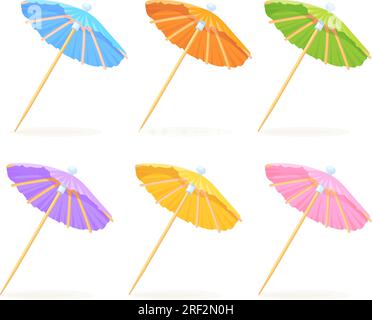 Paper cocktail umbrellas. Small colorful umbrella on toothpick for sweet drinks and summer beverages, decoration parasol in glass beach drink cocktails, vector illustration of cocktail paper umbrella Stock Vector