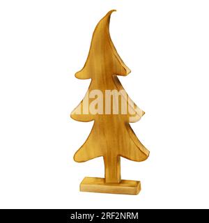 Wooden conifer tree figurine digital illustration watercolor style isolated on white. Spruce Christmas symbol, wooden toy hand drawn. Element for desi Stock Photo