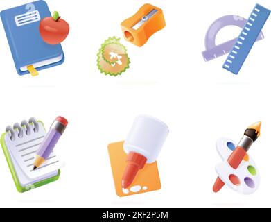 3d school stationery. Render study elements for student education equipment or office writing tools, glue isolated sharpener ruler, isometric icon exact vector illustration of stationery education Stock Vector